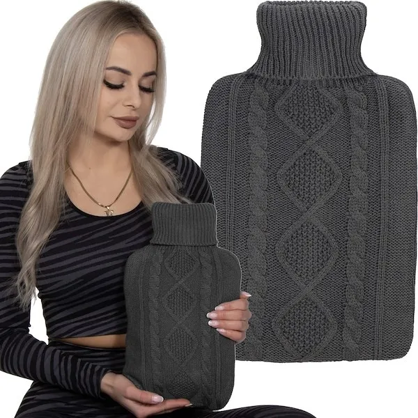 Termofor z osłoną duży ogrzewacz do rąk z pokrowcem sweterkiem 2L szary