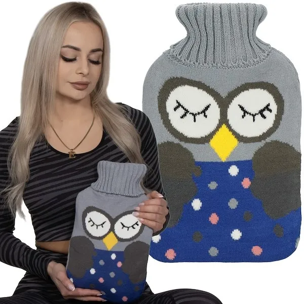 Termofor z osłoną duży ogrzewacz do rąk z pokrowcem sweterkiem sowa 2L szary