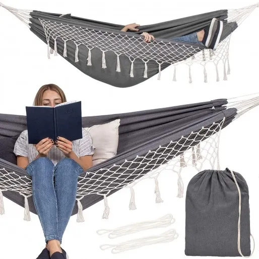 Hamak dwuosobowy 200x150cm bujak ogrodowy z frędzlami 200kg szaro-kremowy