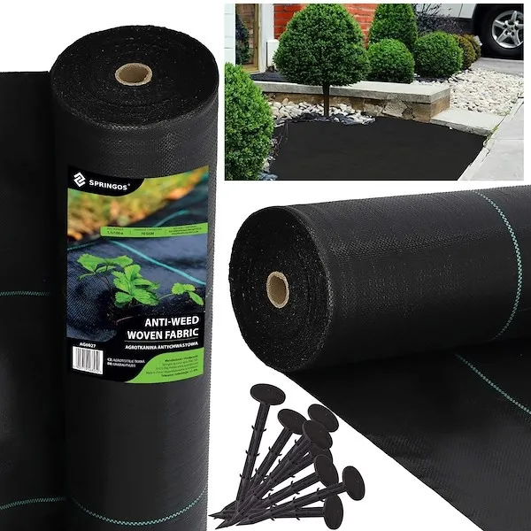 Agrowłóknina antychwastowa agrotkanina 70g czarna mata gruba 1,1x100m + kotwy mocujące 100 szt. kołki