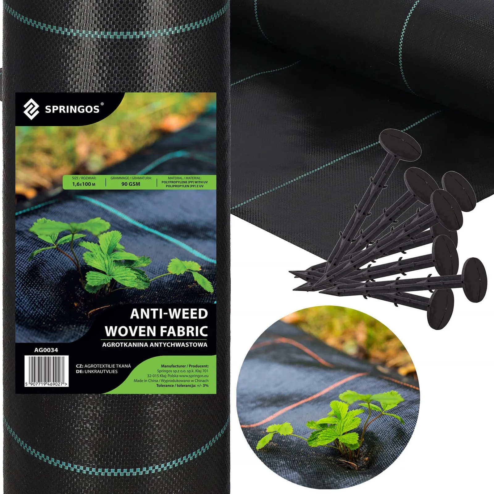 Agrowłóknina antychwastowa agrotkanina 90g czarna mata gruba 1,6x100m + kotwy100 szt.