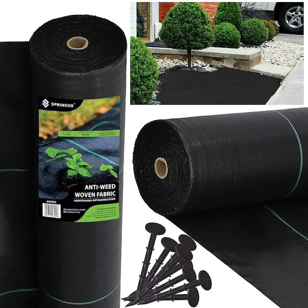 Agrowłóknina antychwastowa agrotkanina 90g czarna mata 1,1x50 m gruba + kotwy mocujące 50 szt. kołki