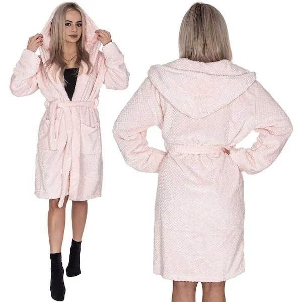 Szlafrok damski z kapturem i paskiem rozm. L/XL polarowy różowy