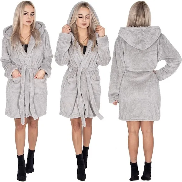 Szlafrok damski z kapturem i paskiem rozm. L/XL polarowy jasny szary