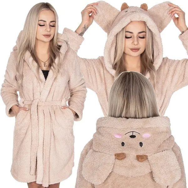 Szlafrok damski z kapturem i paskiem rozm. L/XL polarowy beżowy, miś