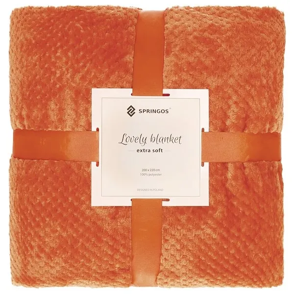 Narzuta na łóżko, koc 220x200 cm pomarańczowy, dwustronny tłoczony pled na kanapę