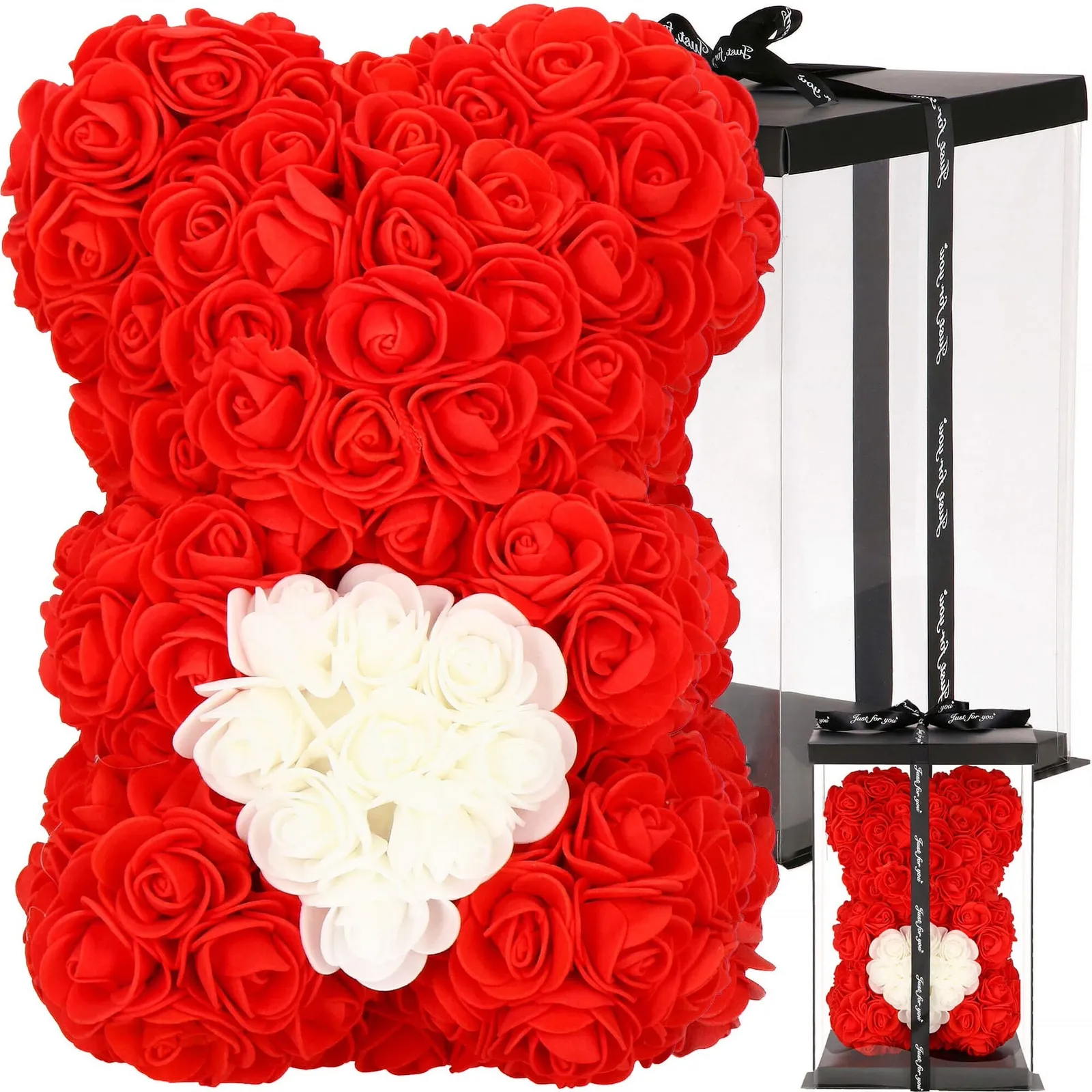 Miś z róż 25 cm czerwony z białym sercem miś różany z pudełkiem