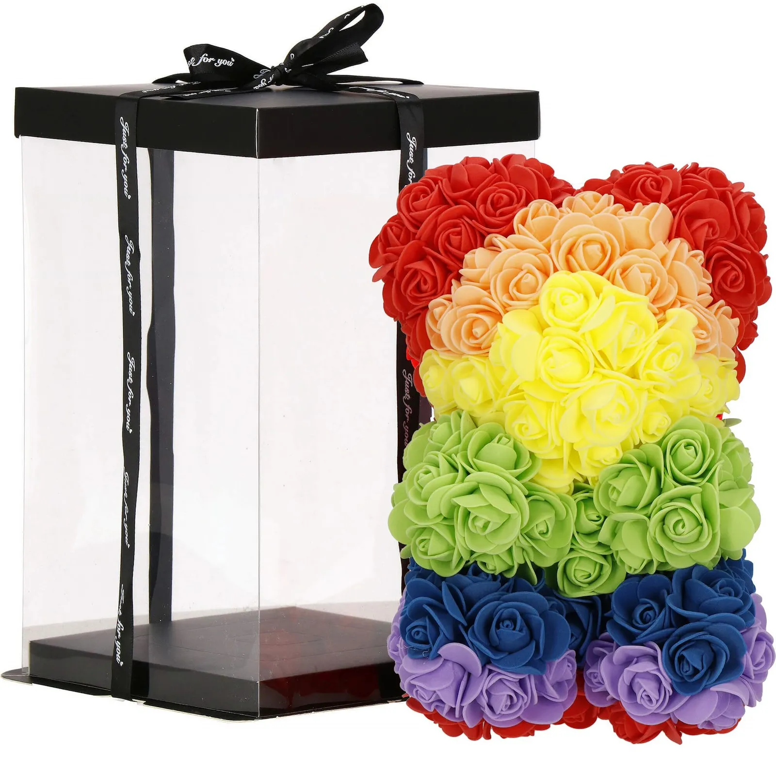 Miś z róż 25 cm multikolor rose bear miś różany z pudełkiem tęczowy