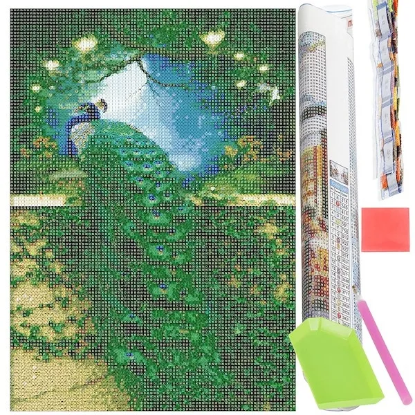 Haft diamentowy mozaika zielony paw obraz diamond painting 40x30 cm