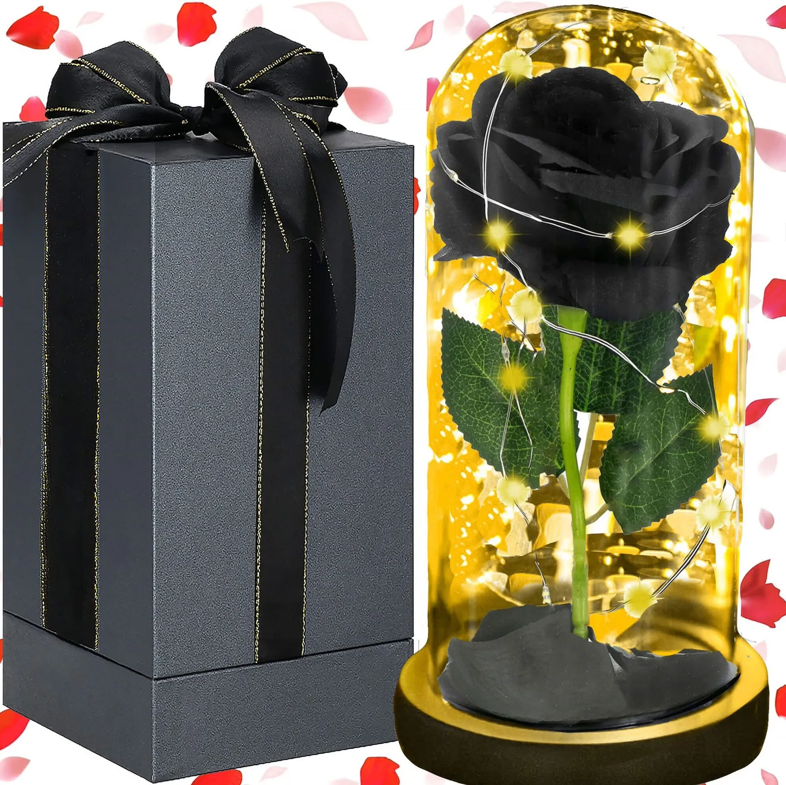 Wieczna róża LED w szkle 21 cm świecąca ozdoba prezent kwiat czarny