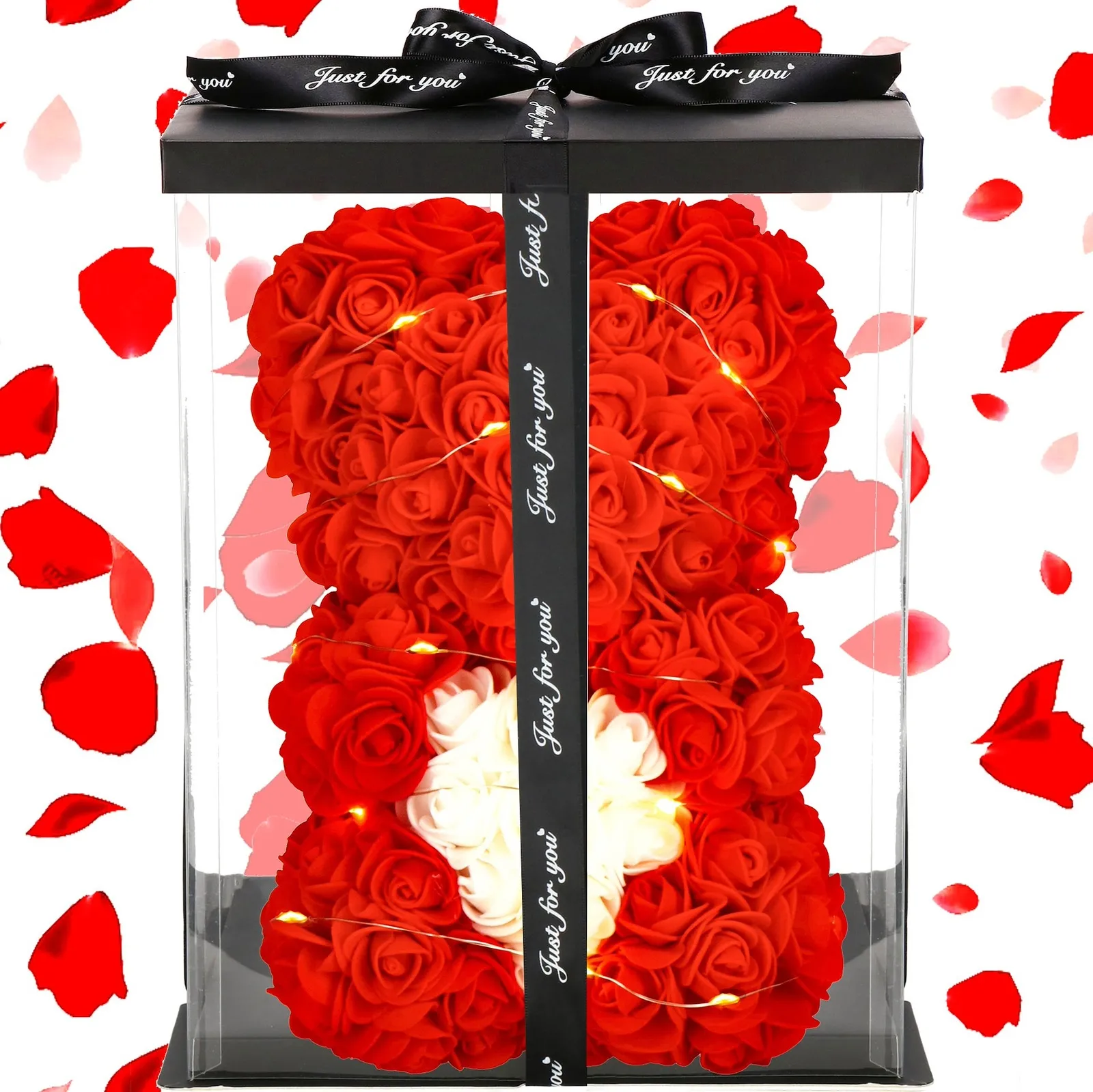 Miś z róż 25 cm czerwony z białym sercem i pudełkiem miś różany LED ciepły biały