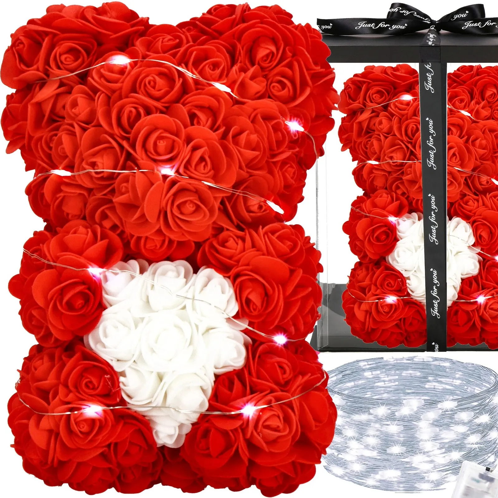 Miś z róż 25 cm czerwony z białym sercem i pudełkiem miś różany LED zimny biały