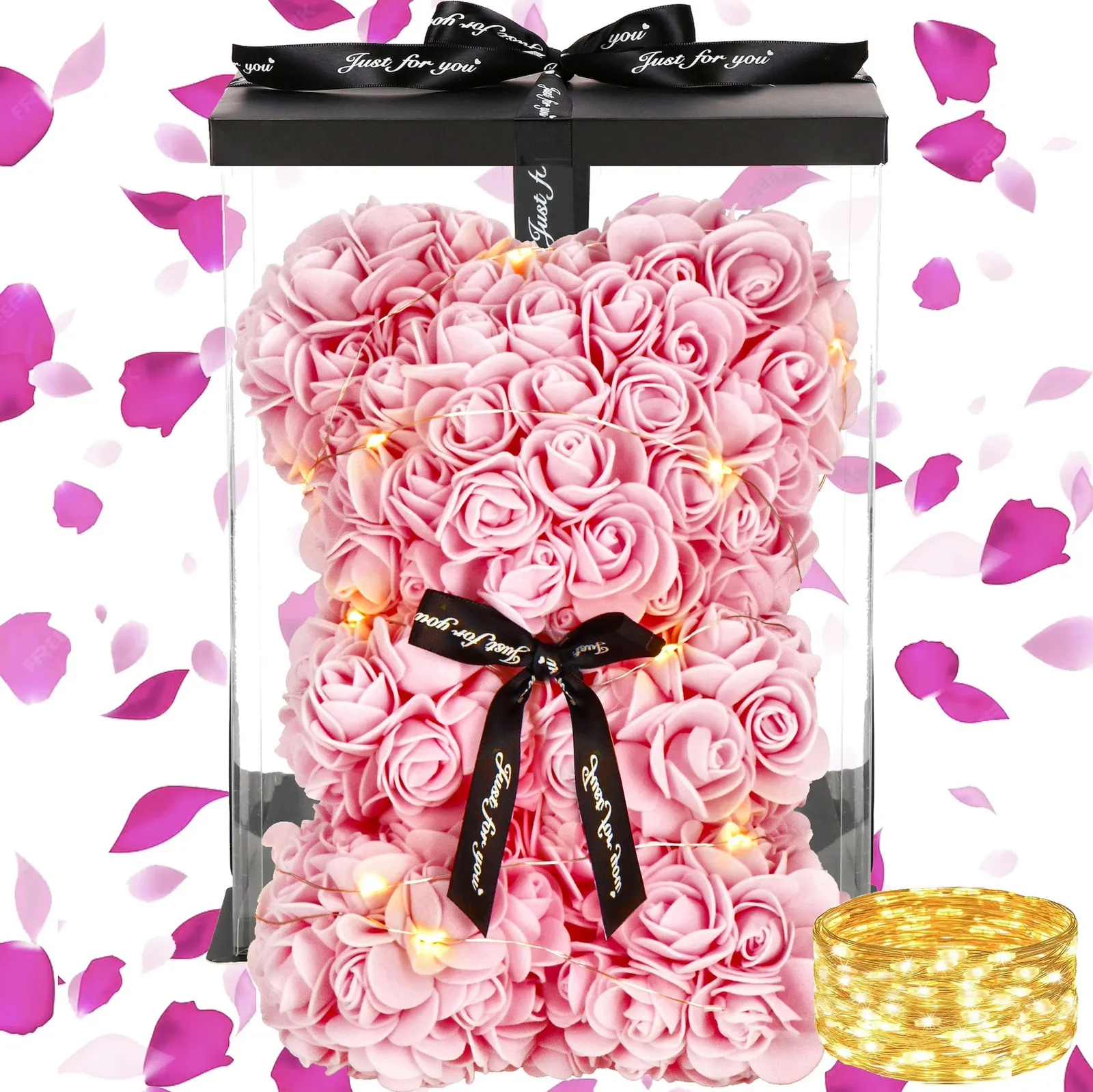 Miś z róż 22 cm różowy w pudełku miś różany LED ciepły biały