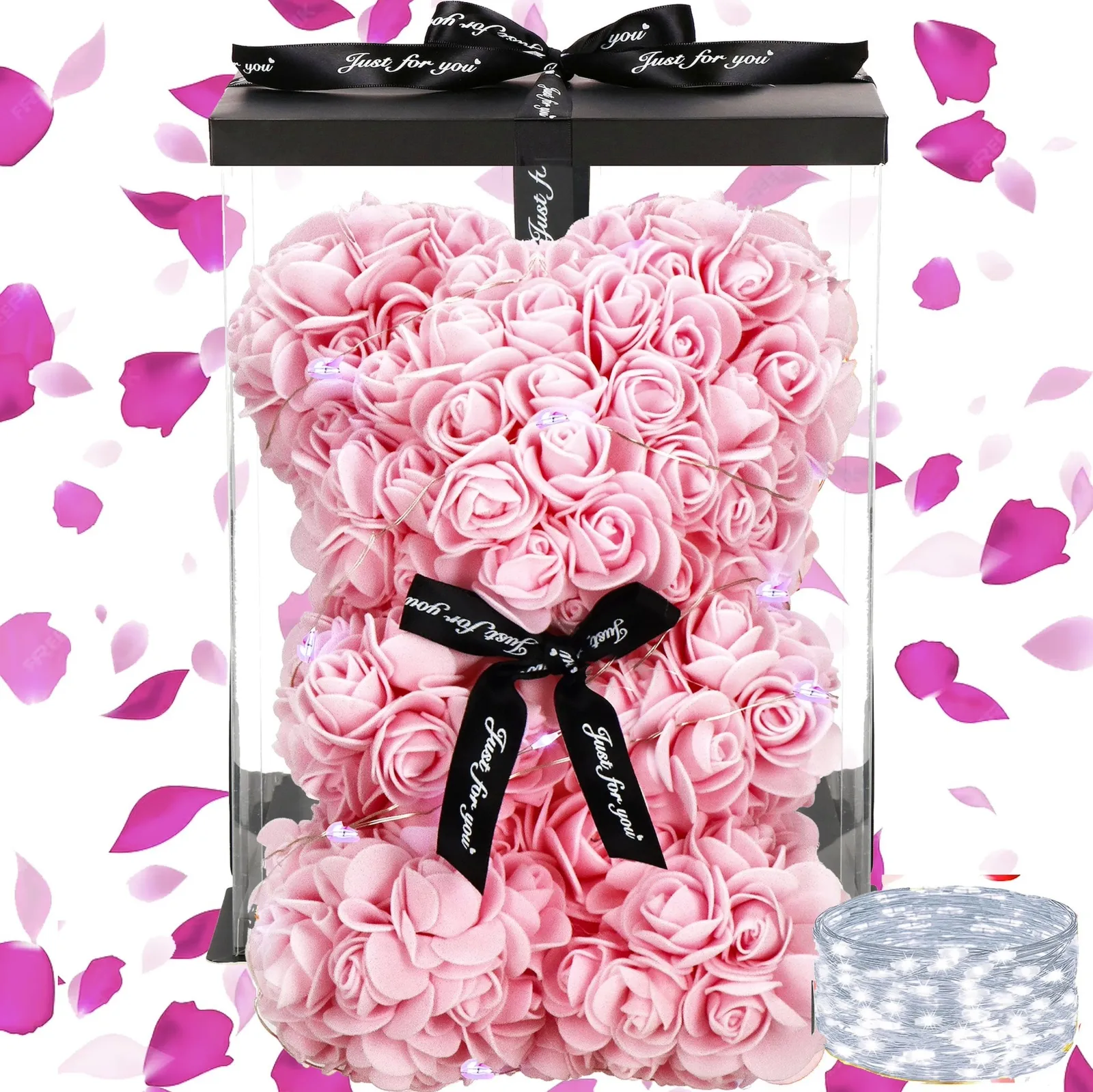 Miś z róż 22 cm różowy w pudełku miś różany LED zimny biały