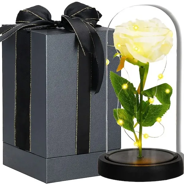 Wieczna róża w kloszu biała 22 cm świecąca dekoracja LED prezent kwiat