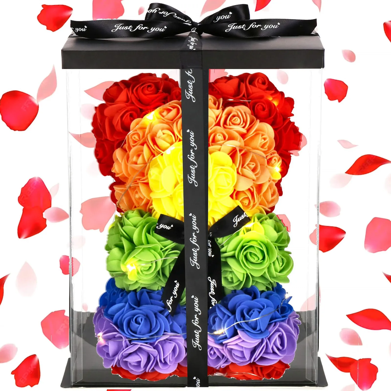 Miś z róż 25 cm kolorowy, podświetlany LED ciepły biały