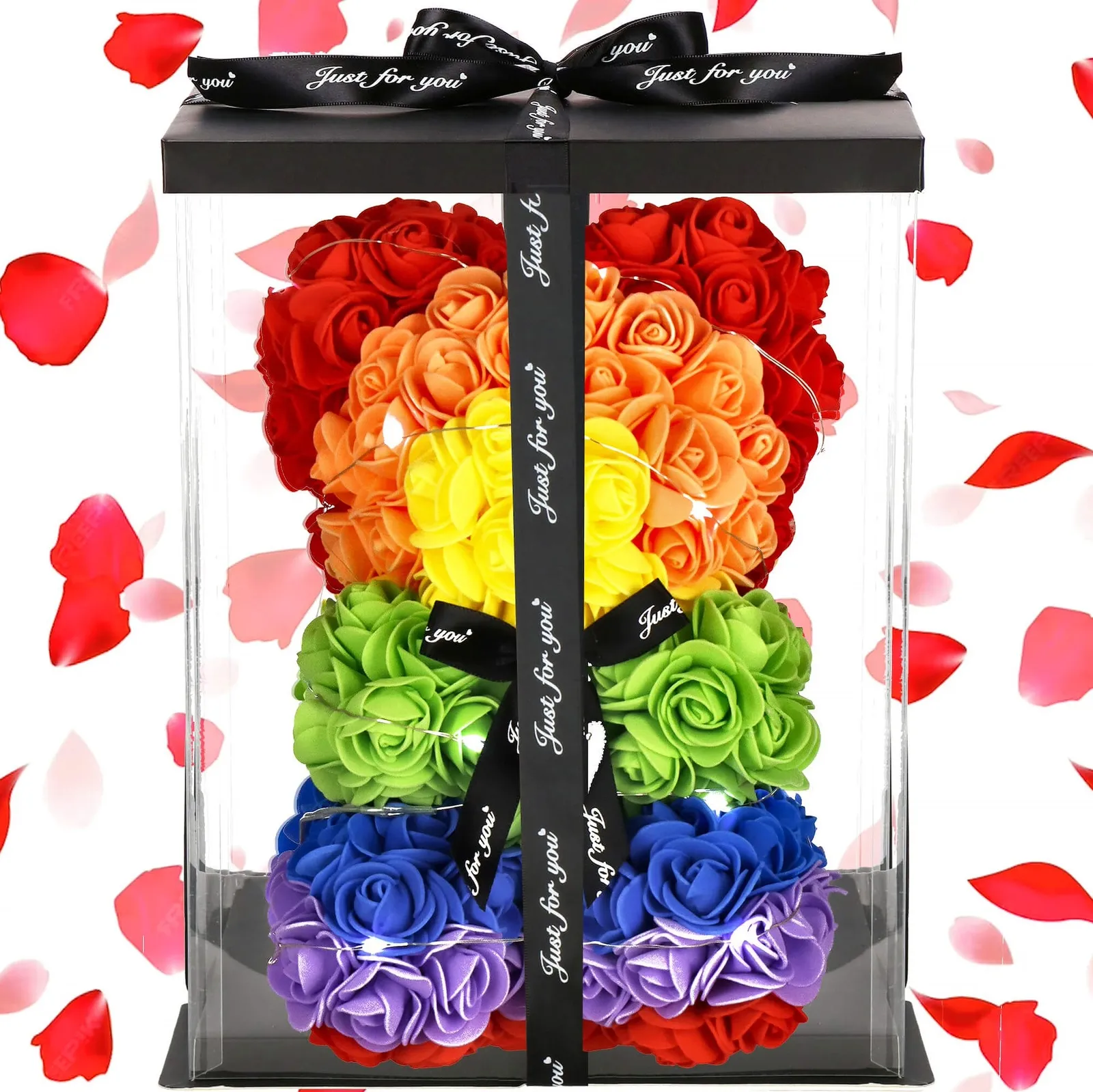 Miś z róż 25 cm kolorowy, podświetlany LED zimny biały