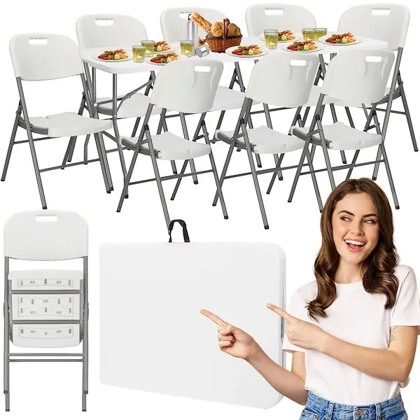 Zestaw cateringowy stół 240 cm z 8 krzesłami turystyczny komplet składany biały