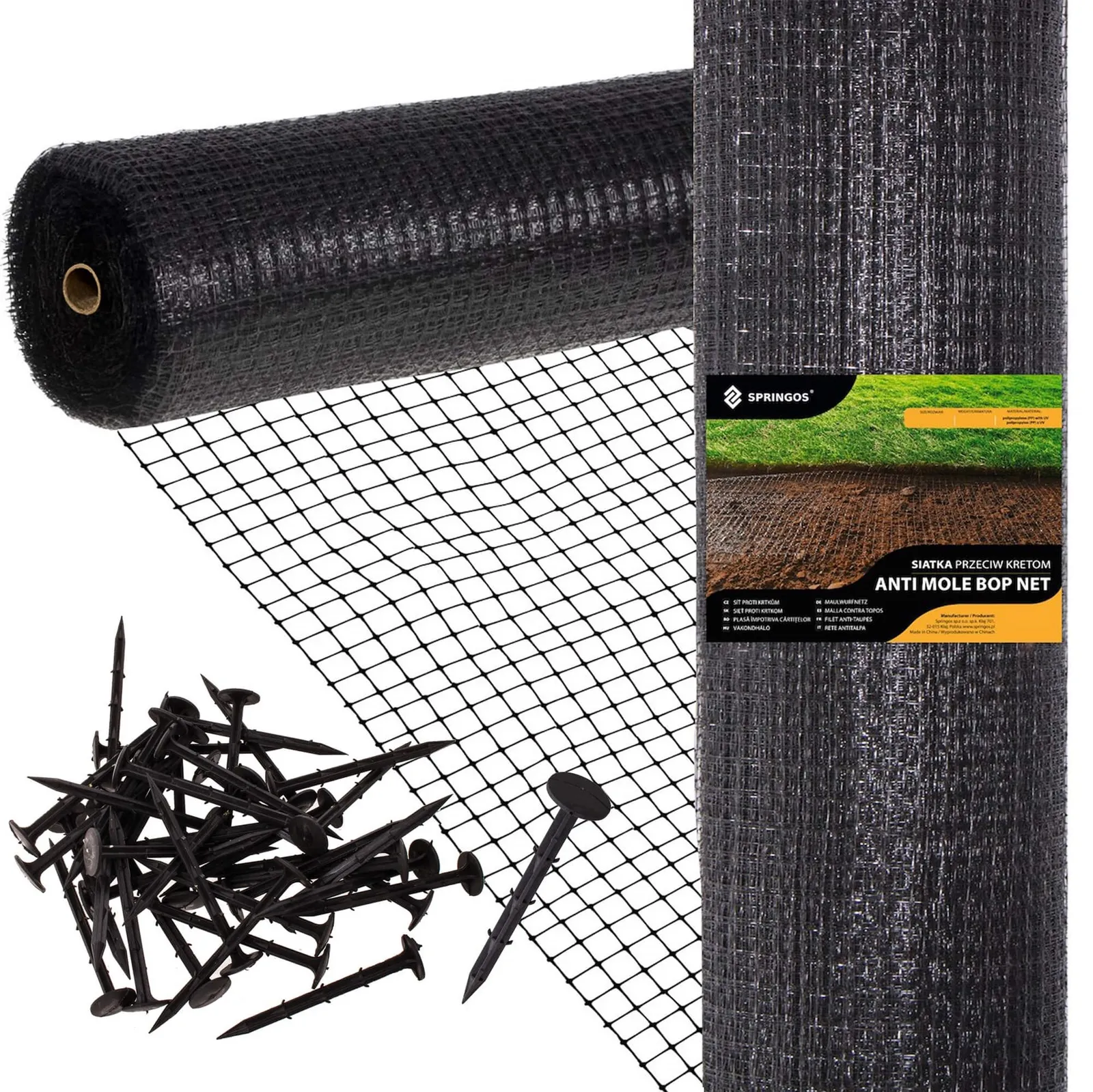 Siatka przeciw nornicom 2x50 m + kołki 50 szt. przeciw kretom 40g/m2