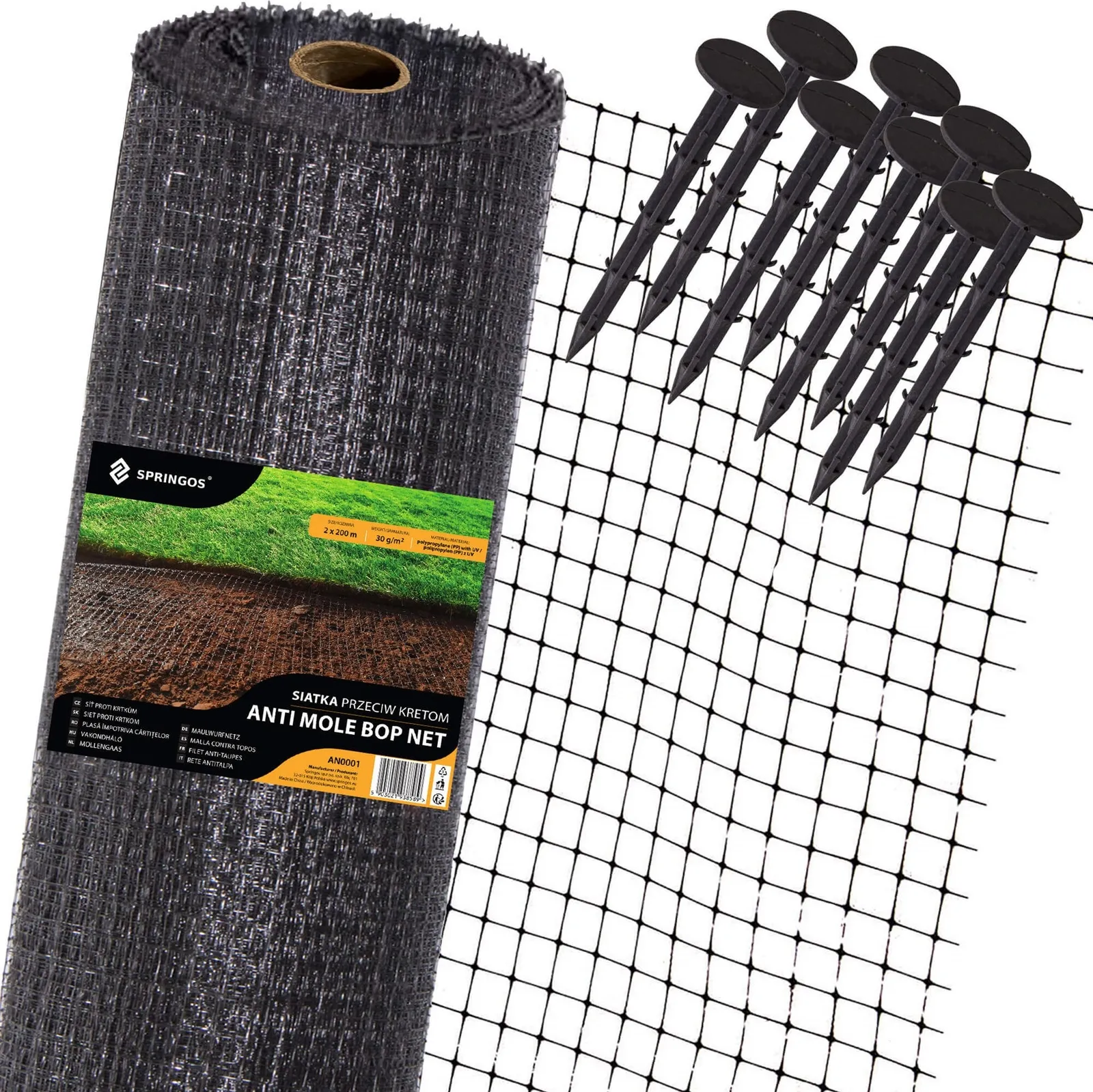 Siatka przeciw kretom nornicom 2 m x 300 m + kołki 300 szt. na gryzonie 30g/m2
