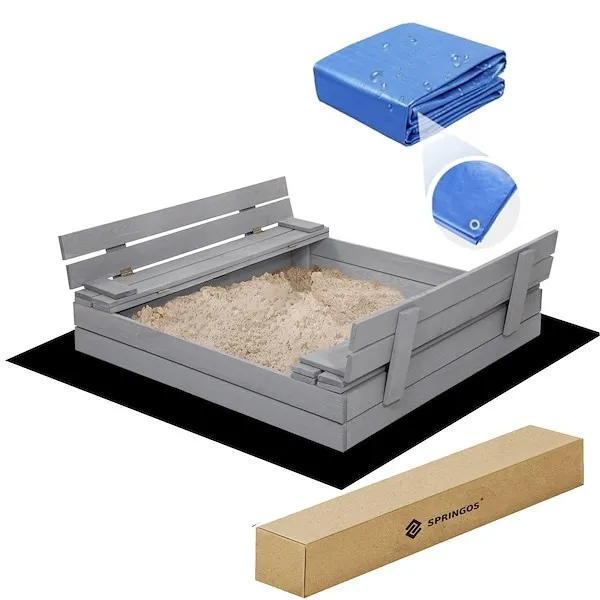 Piaskownica drewniana z ławeczkami 120x120cm impregnowana z włókniną i plandeką, zamykana szara