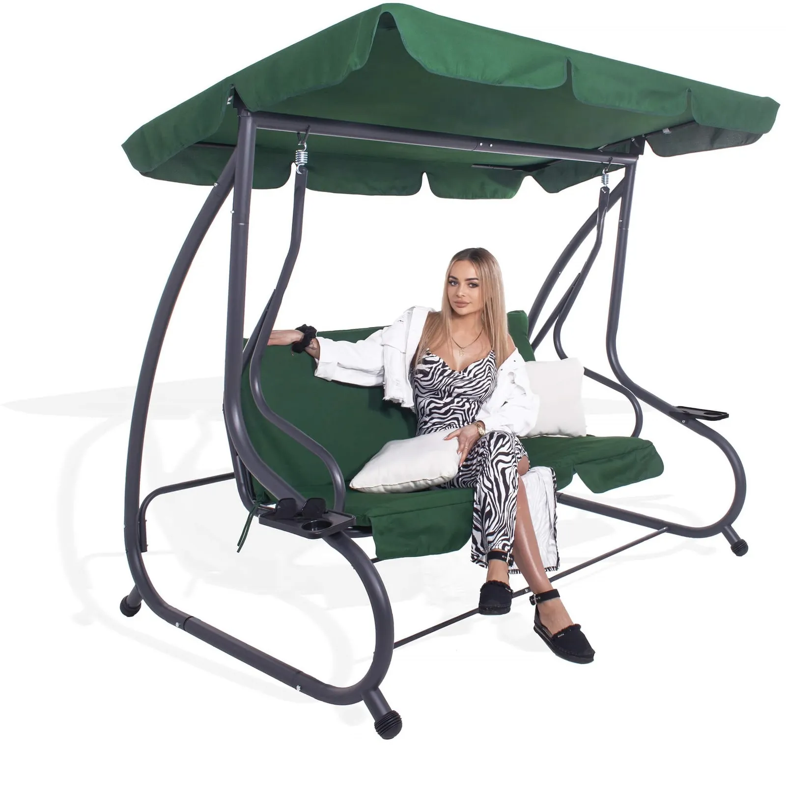 Huśtawka tarasowa z regulowanym daszkiem, rozkładana ciemna zieleń