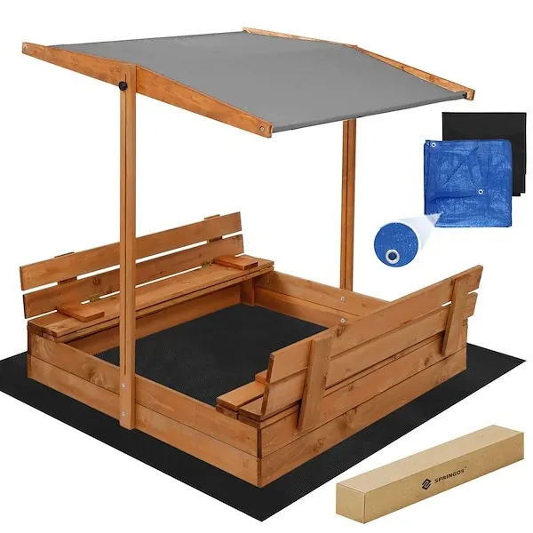 Piaskownica drewniana 120x120 cm zamykana z ławkami i daszkiem dla dzieci