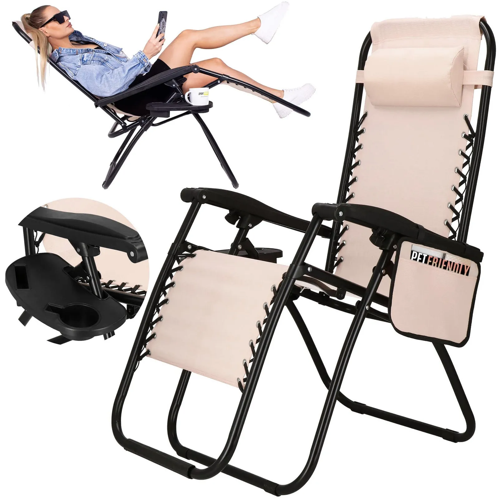 Leżak ogrodowy metalowy fotel składany Zero Gravity leżanka na balkon taras kremowy