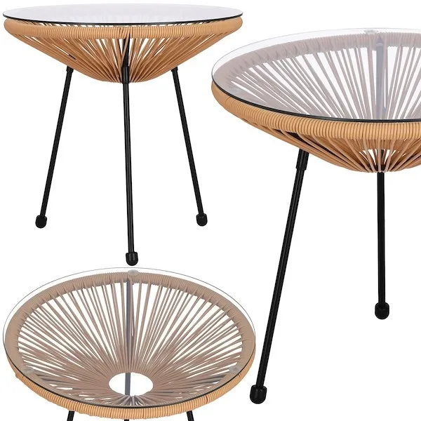 Stół tarasowy, stolik kawowy, rattanowy blat szkło hartowane 50 cm okrągły beżowy