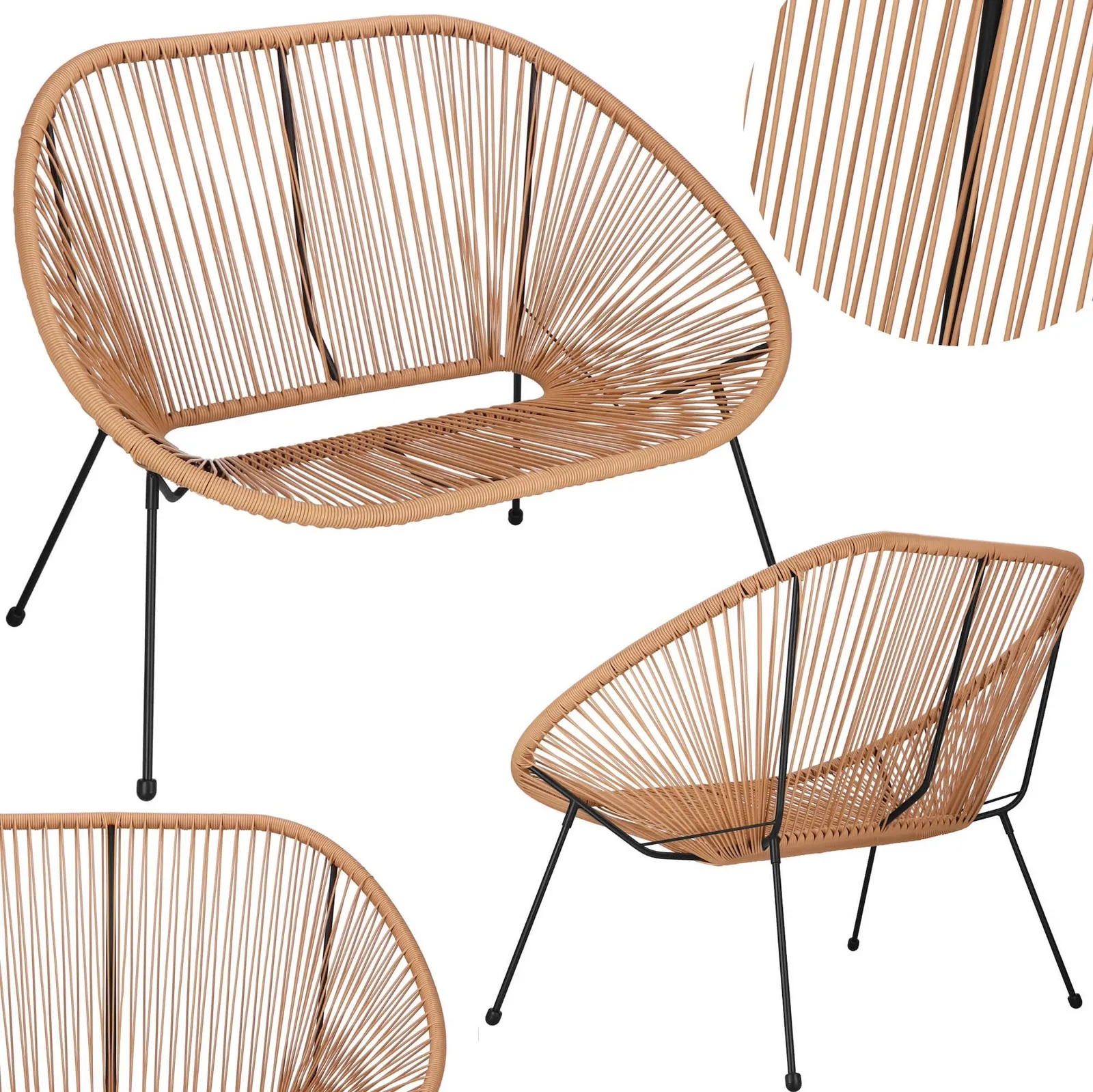 Kanapa ażurowa na balkon, taras z rattanu, sofa na nóżkach beżowa