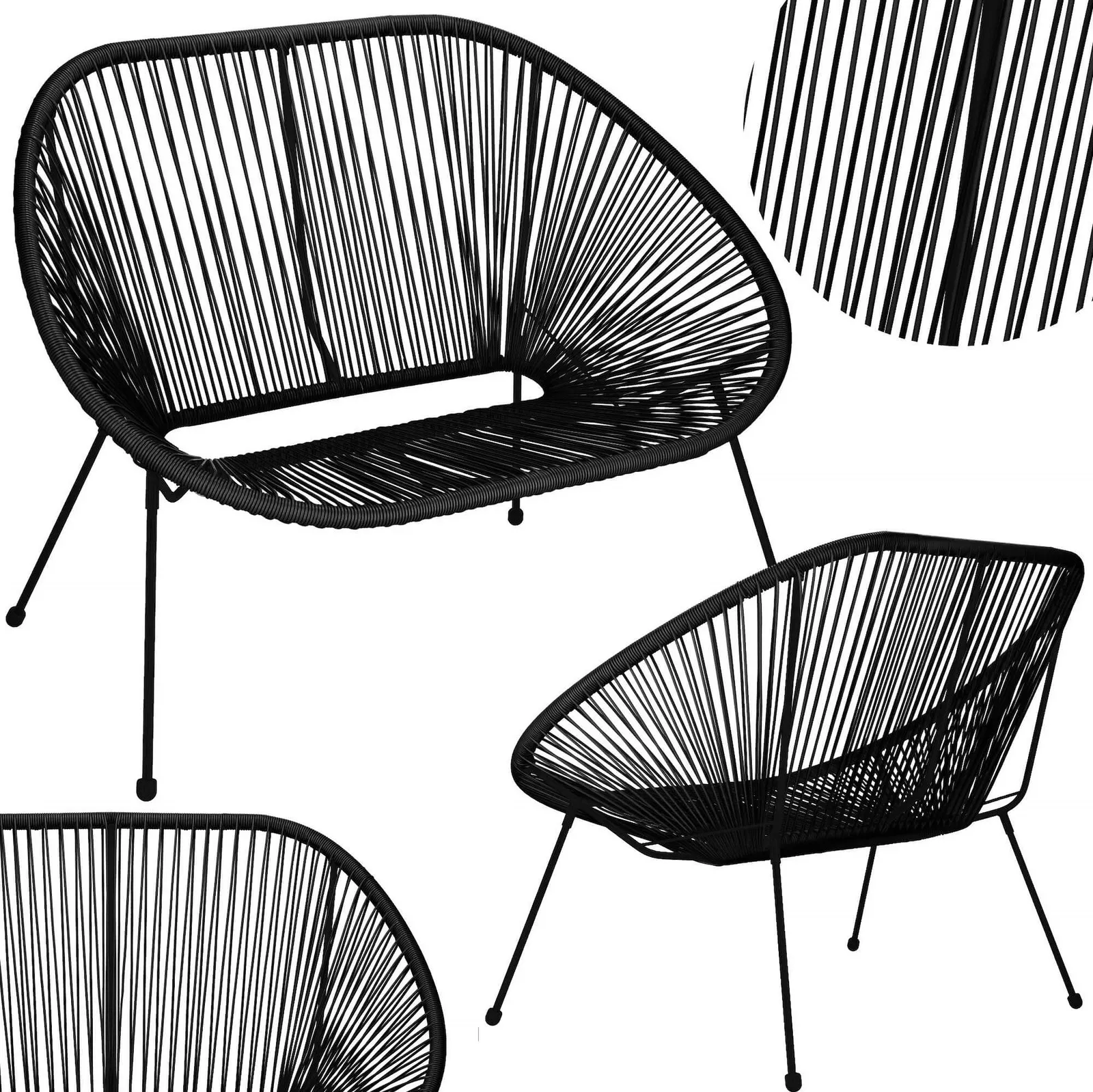 Kanapa ażurowa na balkon, taras z rattanu, sofa na nóżkach czarna