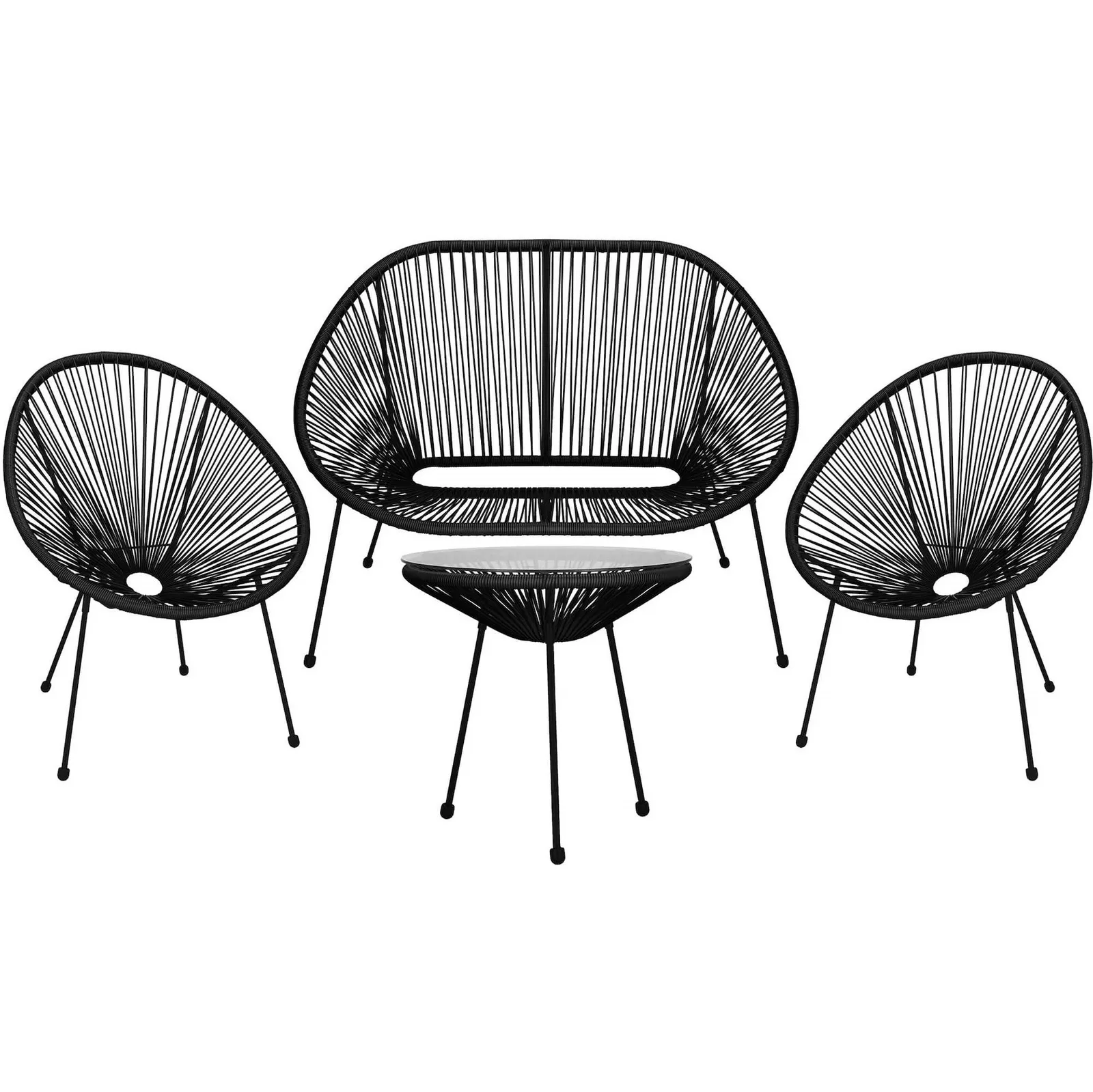 Meble ogrodowe rattanowe stół ze szkłem hartowanym 2 fotele ażurowe, sofa czarne