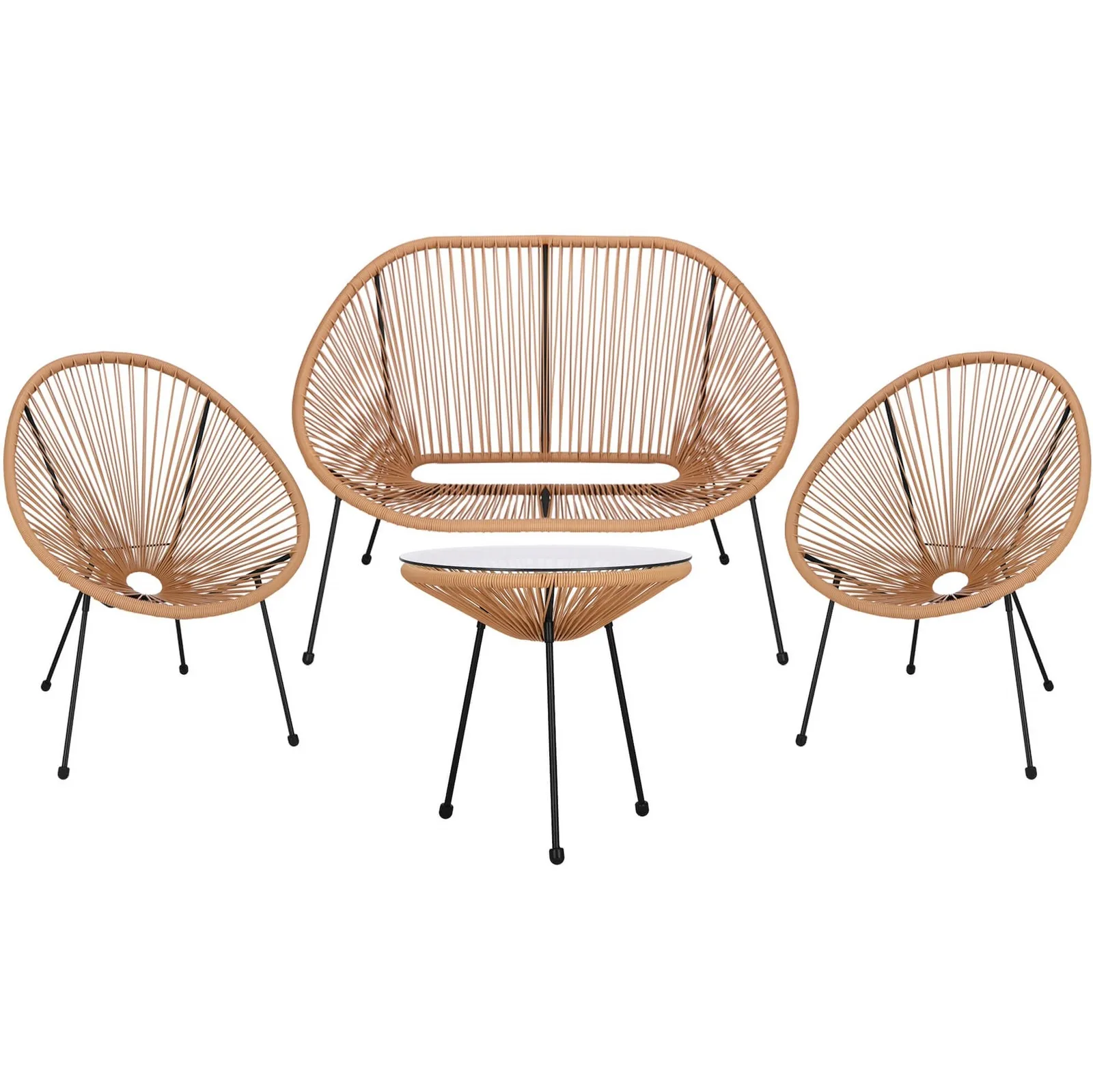 Meble ogrodowe rattanowe stół ze szkłem hartowanym 2 fotele ażurowe, sofa beżowe