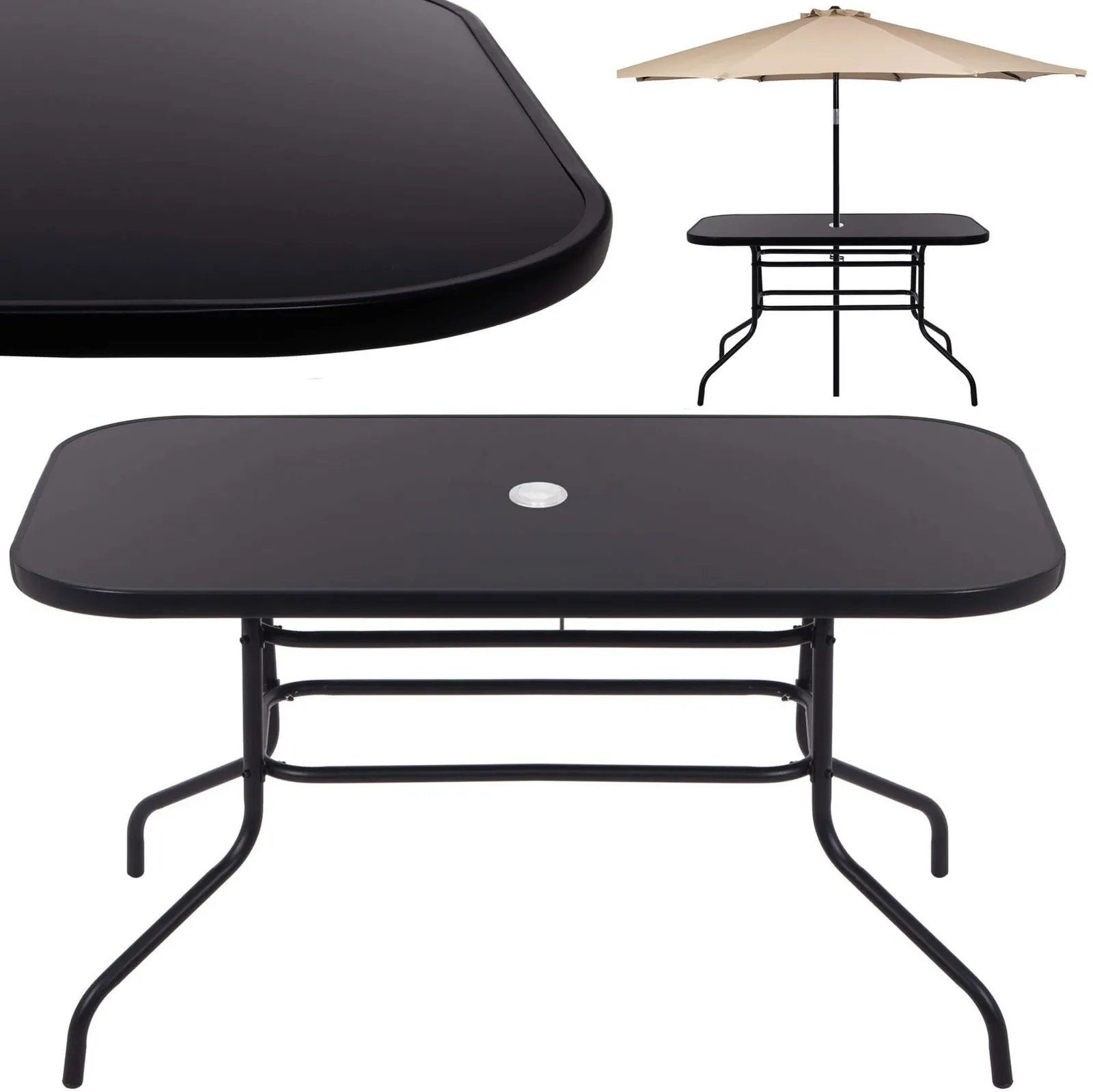 Stół ogrodowy metalowy 140x80 cm na taras balkon, ze szklanym blatem czarny