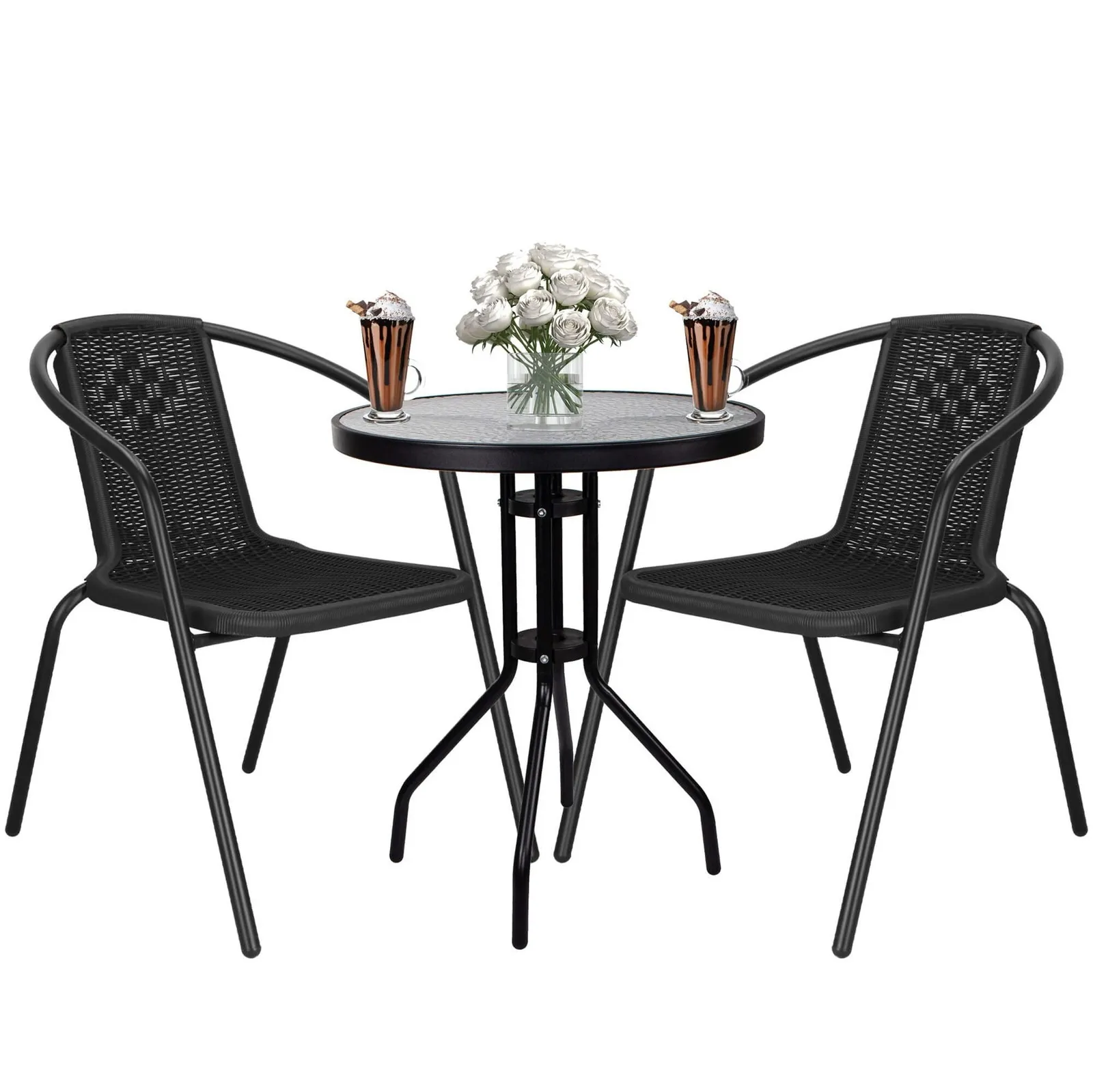 Zestaw mebli ogrodowych stół okrągły i 2 fotele metalowe czarne komplet ogrodowy dla 2 osób