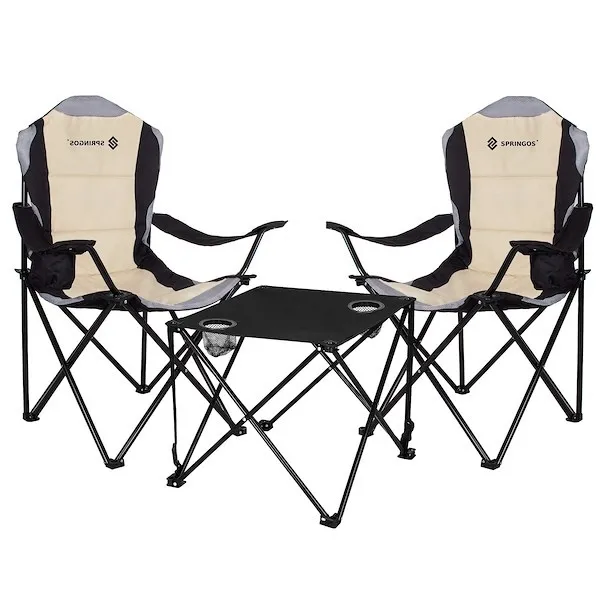 Komplet kempingowy, składany stolik i 2 krzesła, meble turystyczne czarno-beżowy