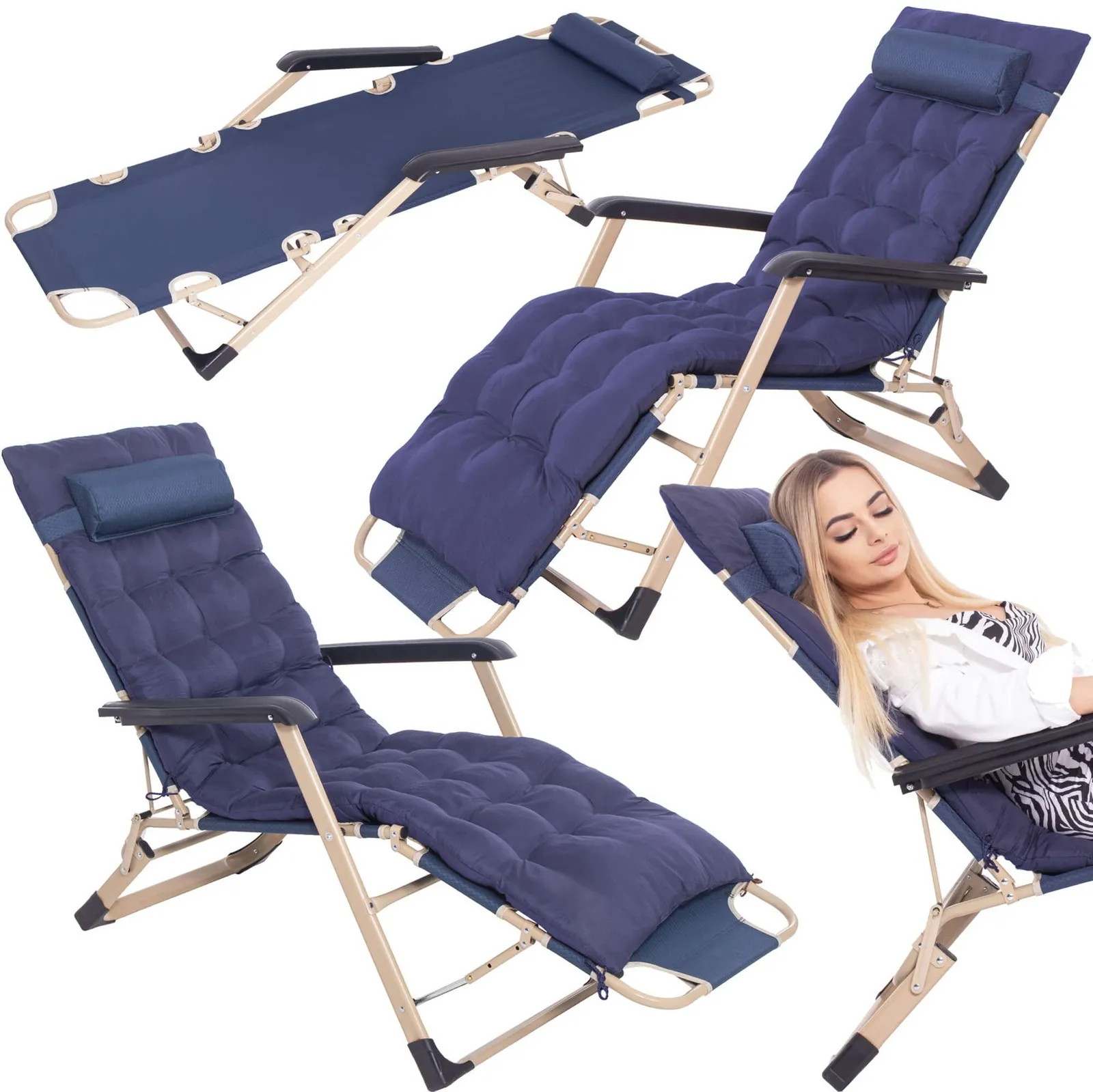 Leżak plażowy, fotel ogrodowy składany z podnóżkiem i poduszką granatowy