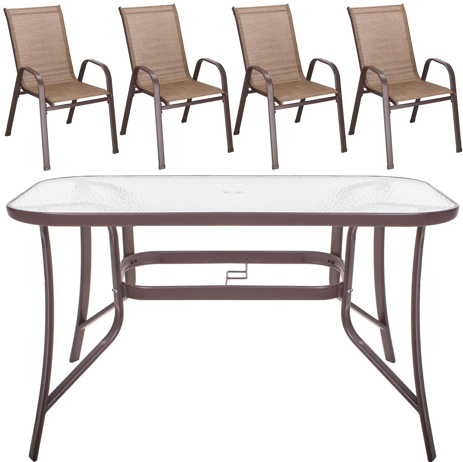 Meble ogrodowe komplet stół ze szkłem hartowanym, 4 krzesła zestaw dla 4 osób brązowe