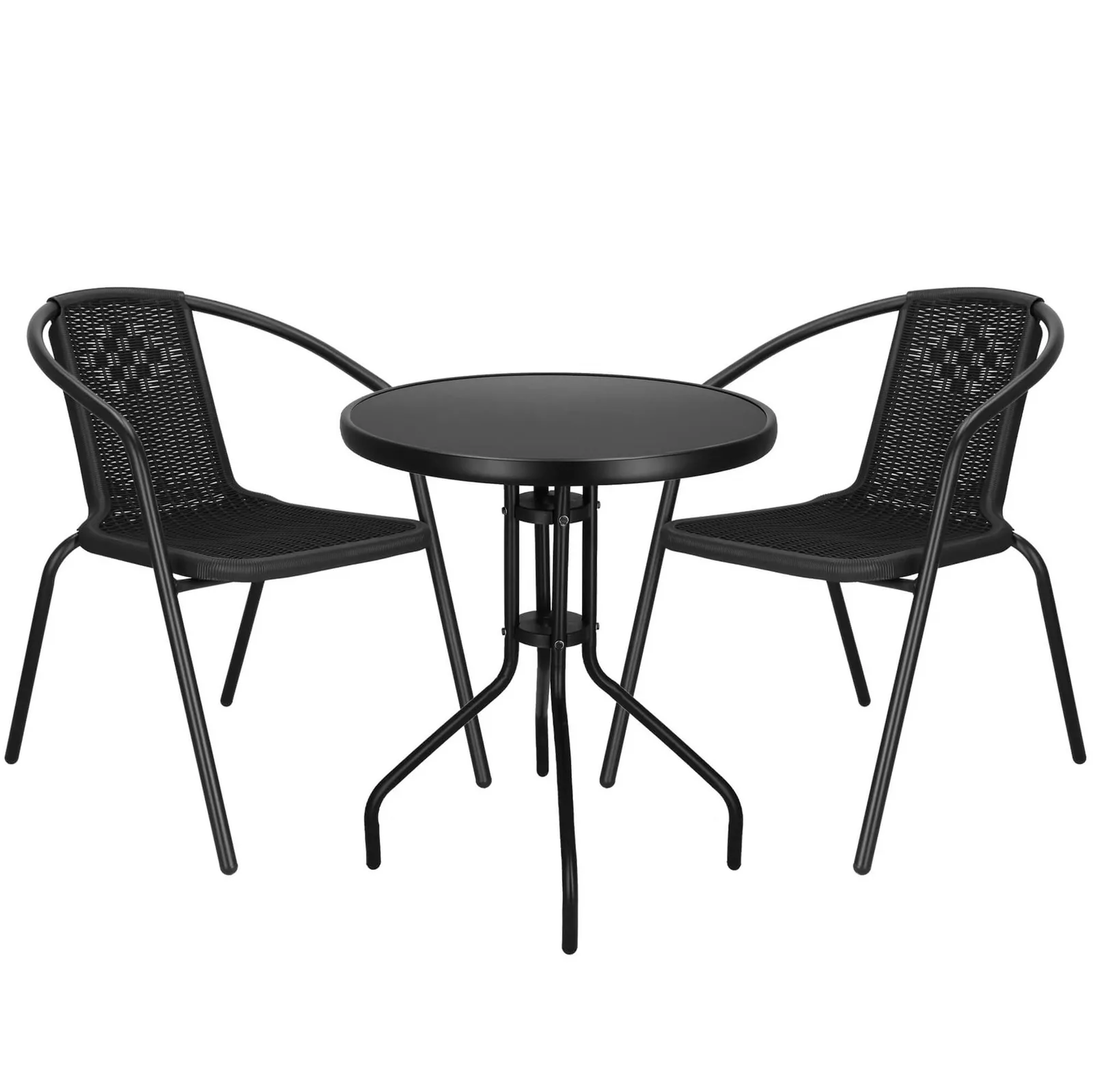 Zestaw mebli ogrodowych stół okrągły i 2 krzesła metalowe czarne komplet ogrodowy dla 2 osób