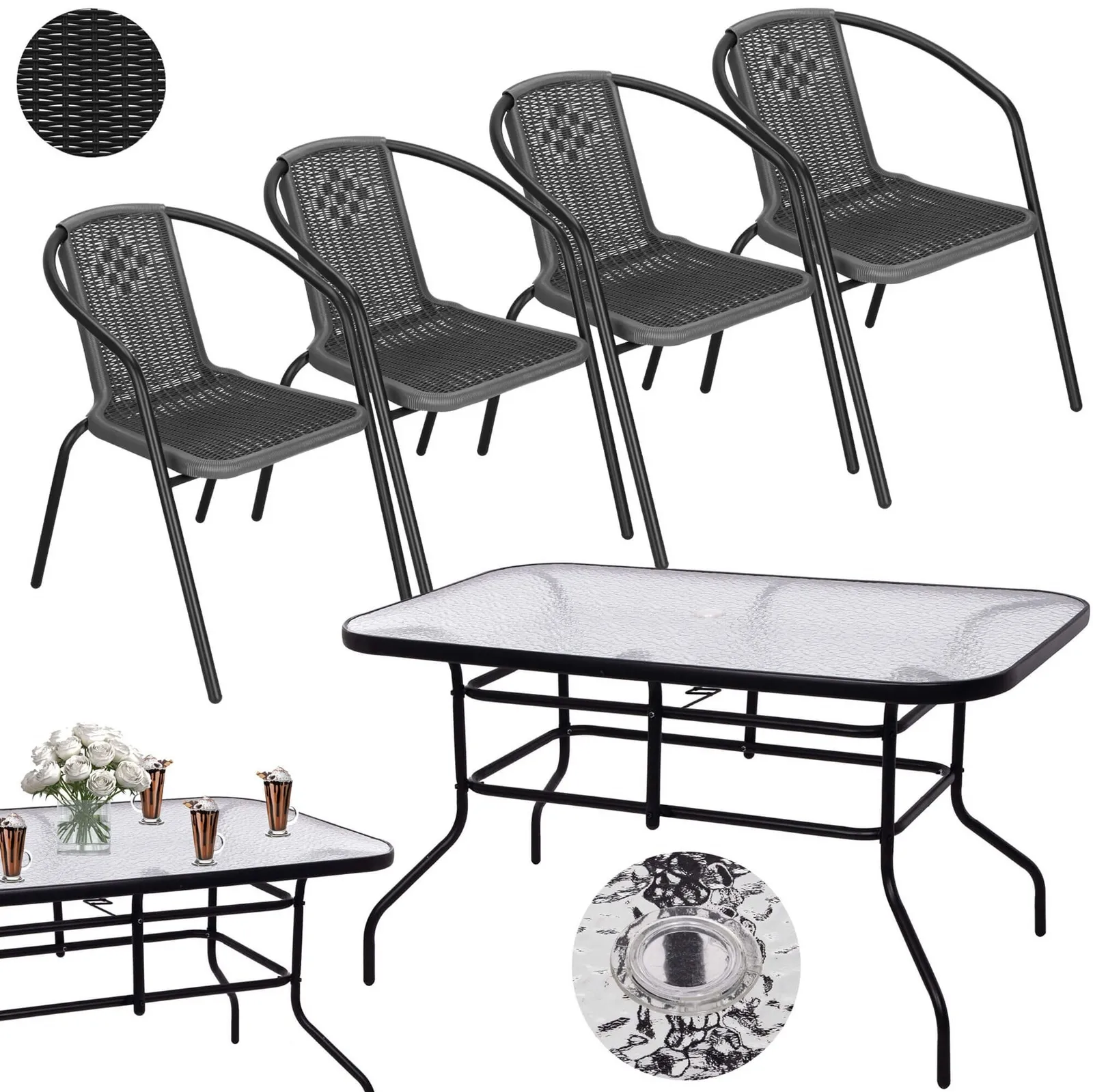 Komplet mebli ogrodowych stół prostokątny i krzesła metalowe 4 szt. zestaw na balkon czarno-szary