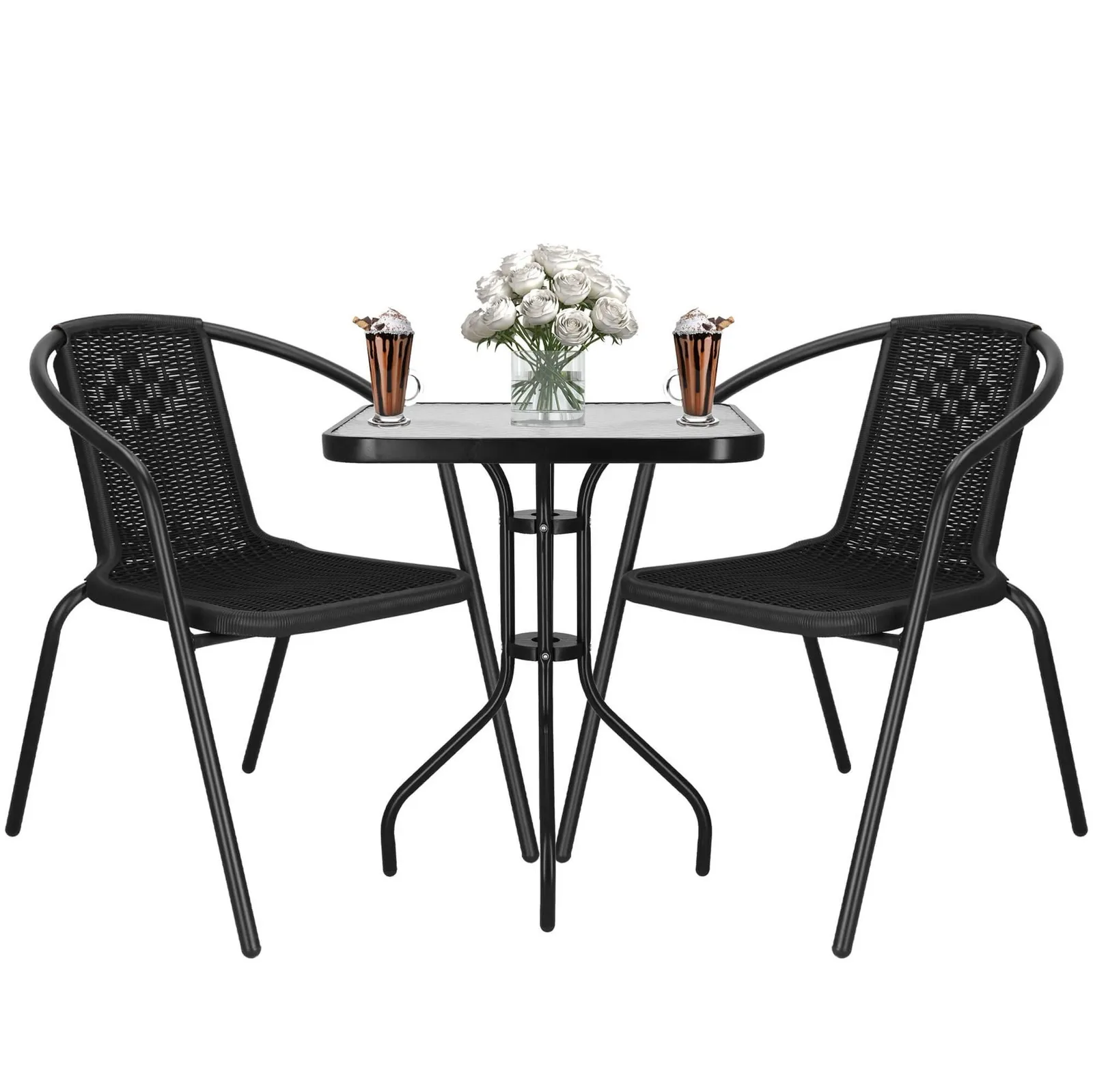 Meble na balkon: stolik kawowy z kwadratowym blatem szkło hartowane, 2 krzesła metalowe czarne