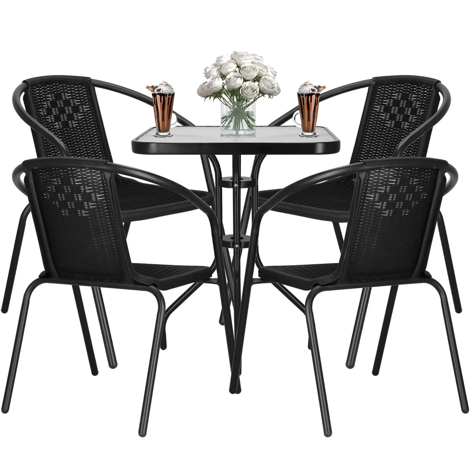 Zestaw mebli ogrodowych stół kwadratowy i 6 krzeseł metalowe komplet ogrodowy czarny