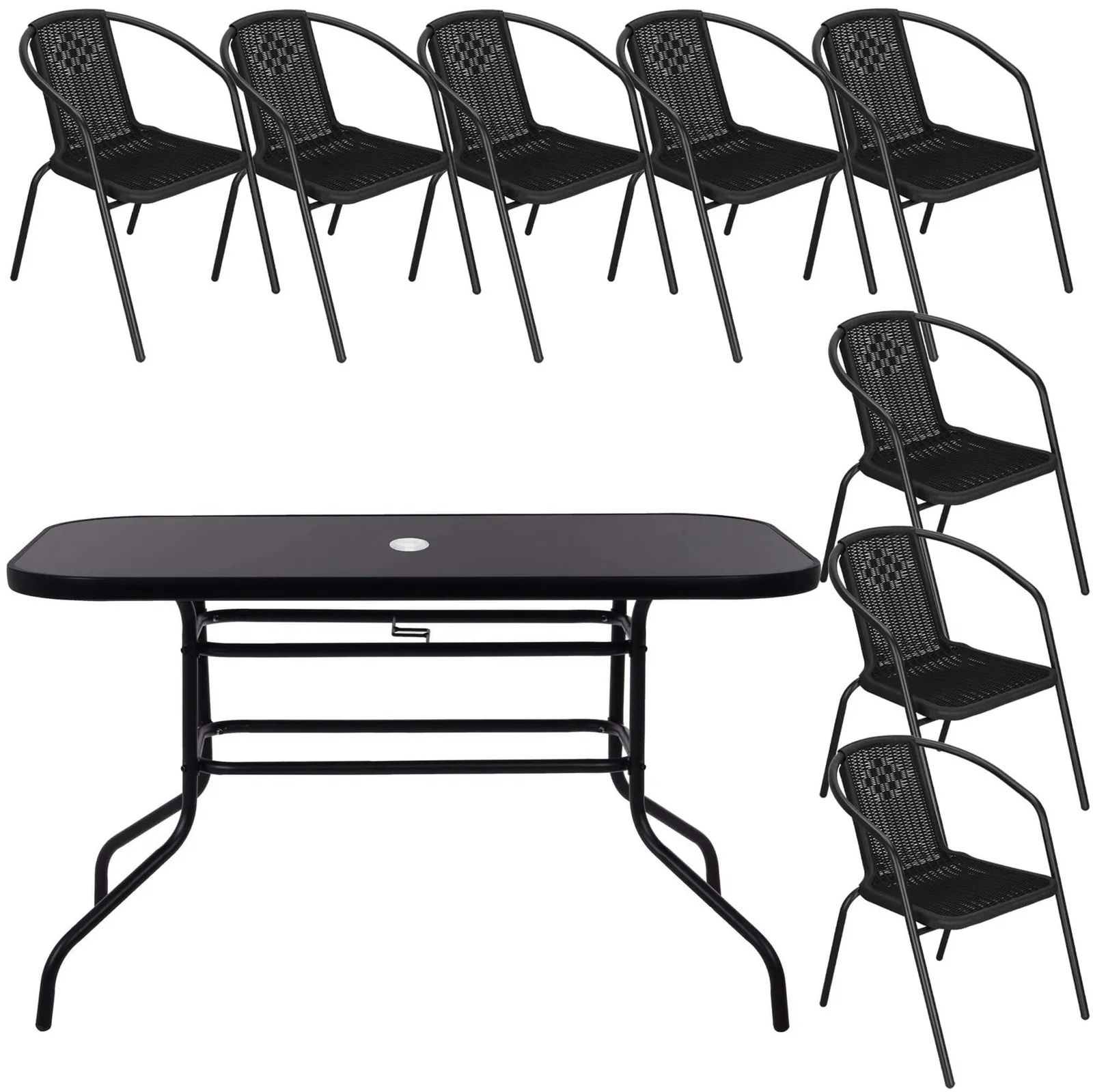 Zestaw ogrodowy stół 140x70 cm i 8 metalowych krzeseł na taras, balkon czarny