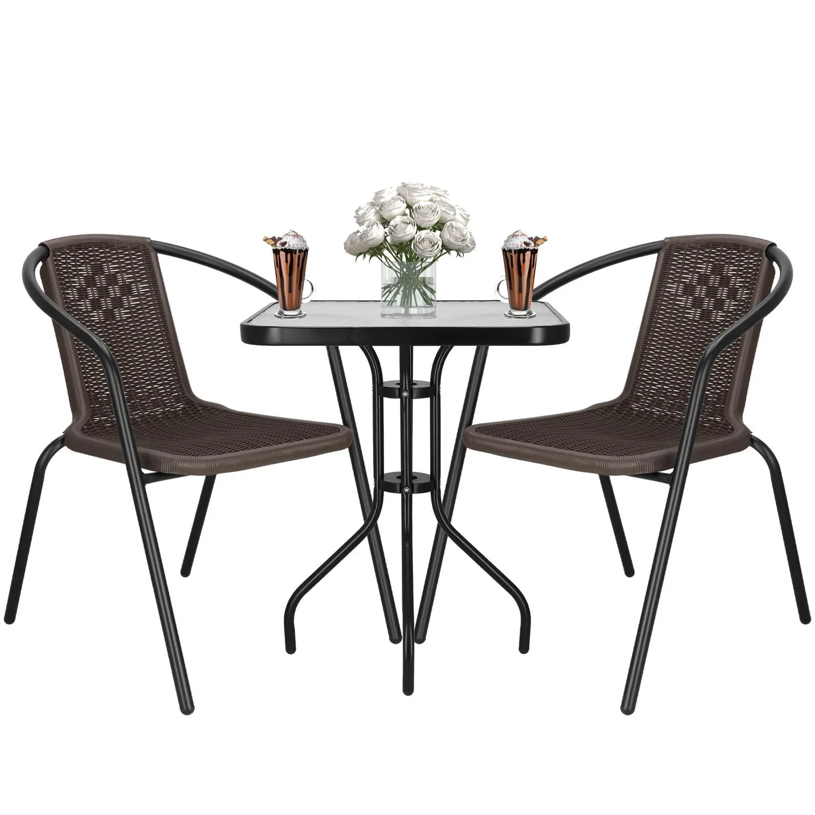 Meble na balkon: stolik kawowy z kwadratowym blatem z szkła hartowanego, 2 krzesła metalowe