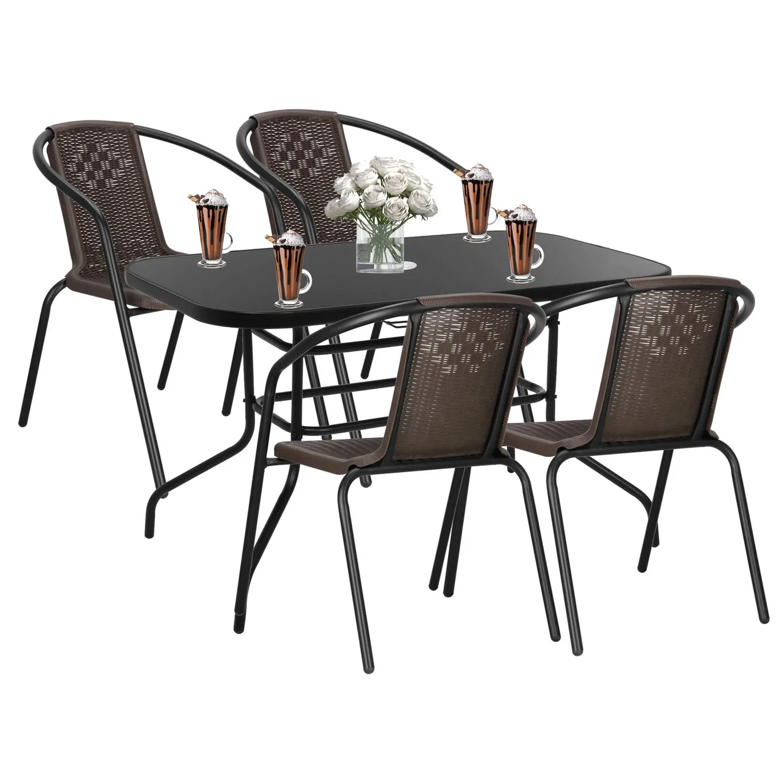 Zestaw mebli ogrodowych stół prostokątny i 4 krzesła metalowe komplet czarno-brązowy
