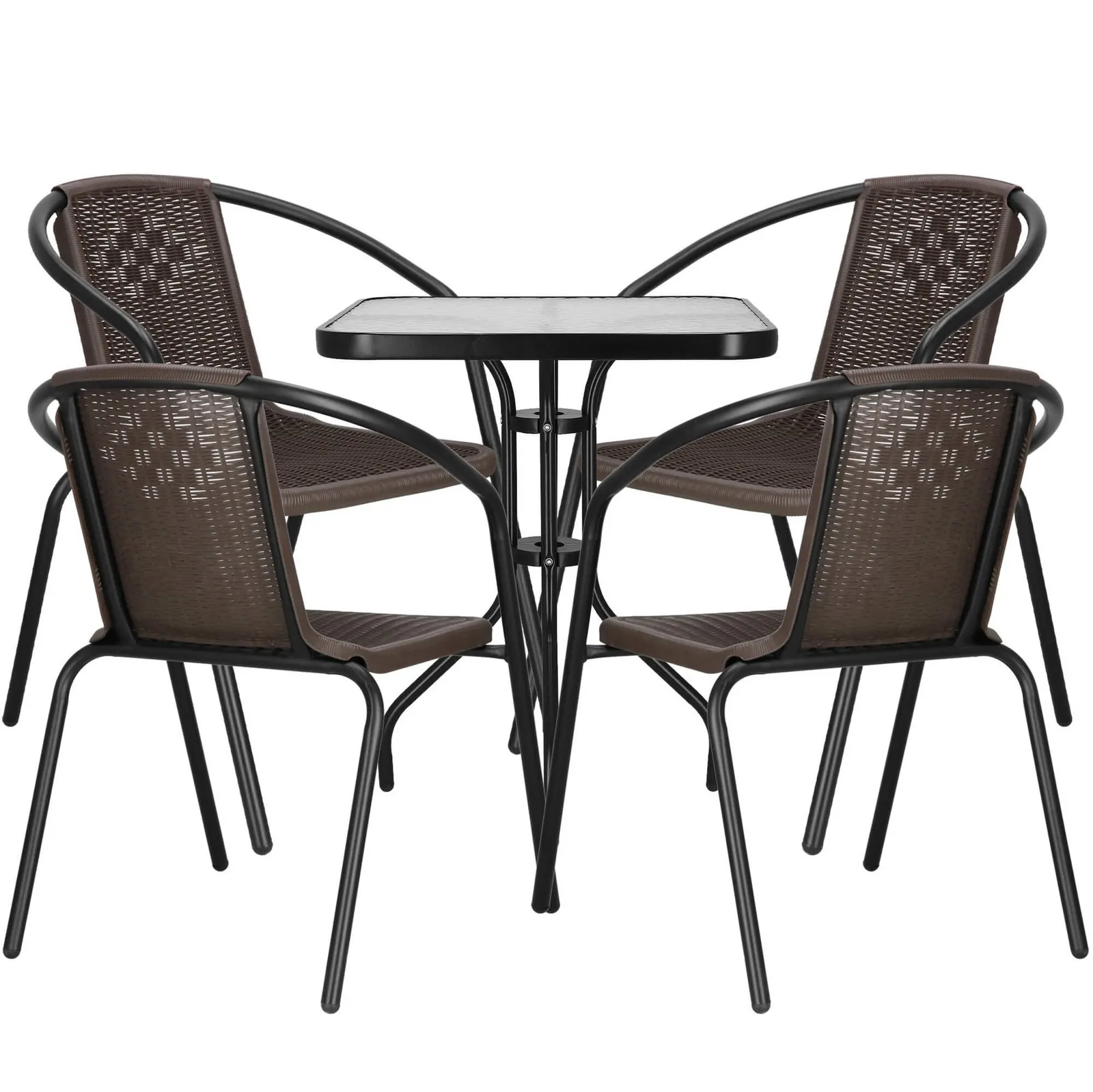 Meble na balkon: stolik kawowy z kwadratowym blatem z szkła hartowanego, 4 krzesła metalowe