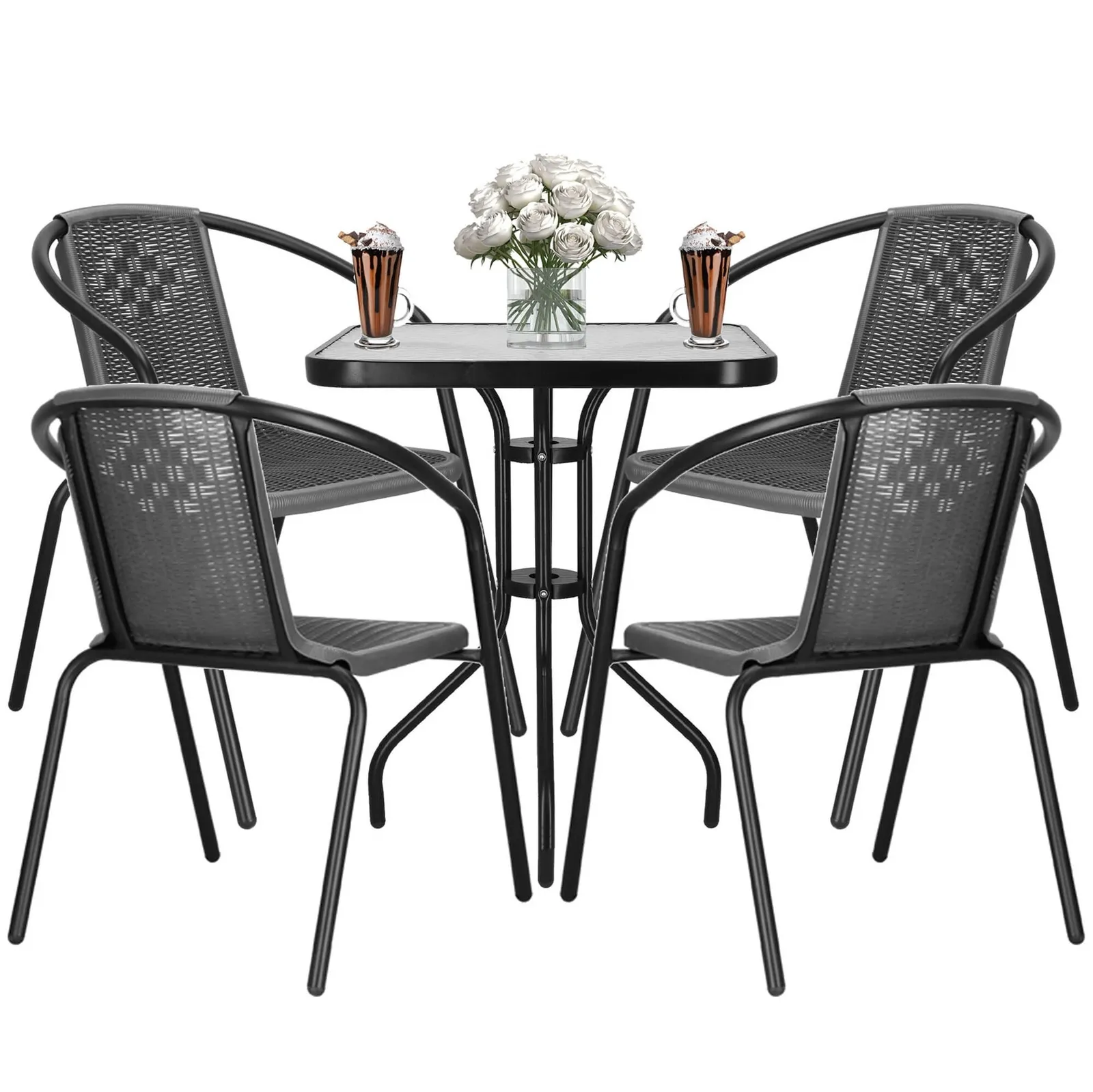 Meble na balkon: stolik kawowy z kwadratowym blatem z szkła hartowanego, 4 krzesła metalowe do ogrodu czarno-szary