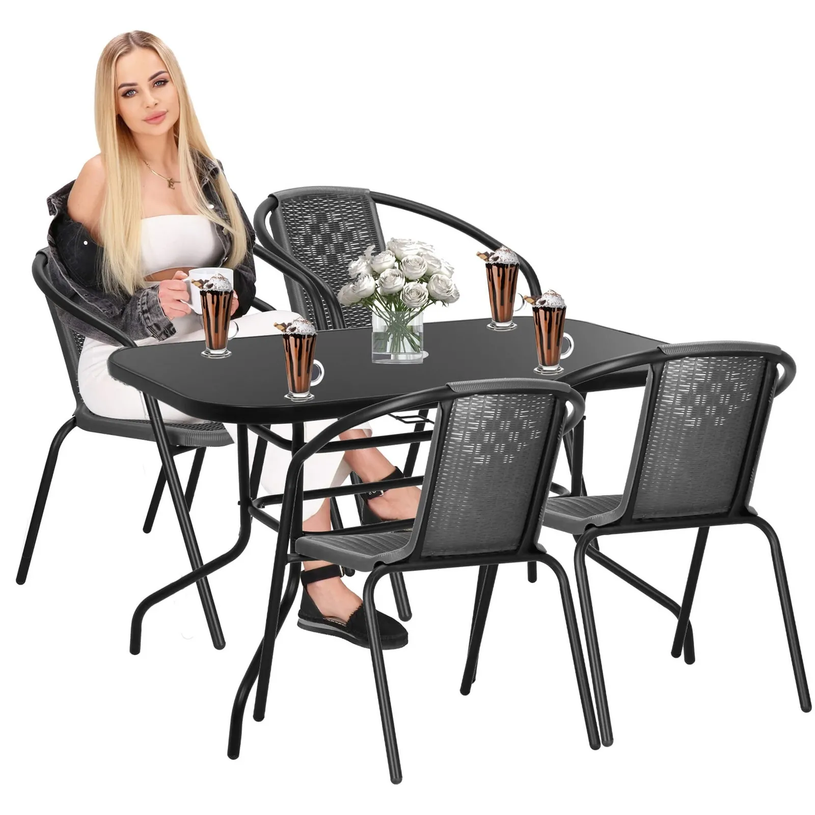 Komplet mebli ogrodowych stół 140x80 cm prostokątny i krzesła metalowe 4 szt. zestaw na balkon czarno-szary