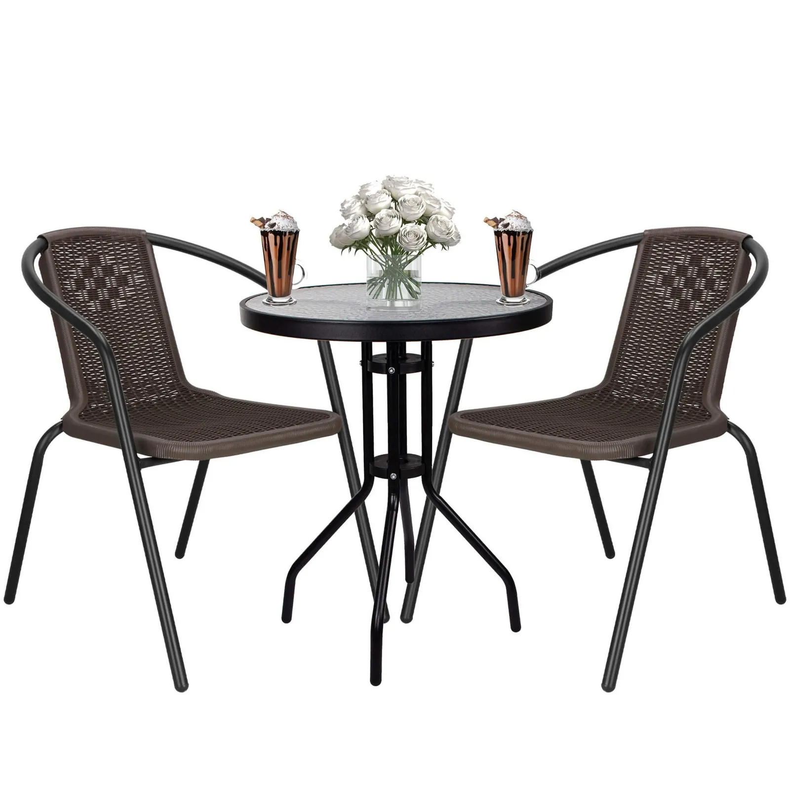 Zestaw mebli ogrodowych stół okrągły i 2 krzesła metalowe komplet ogrodowy czarno-brązowy