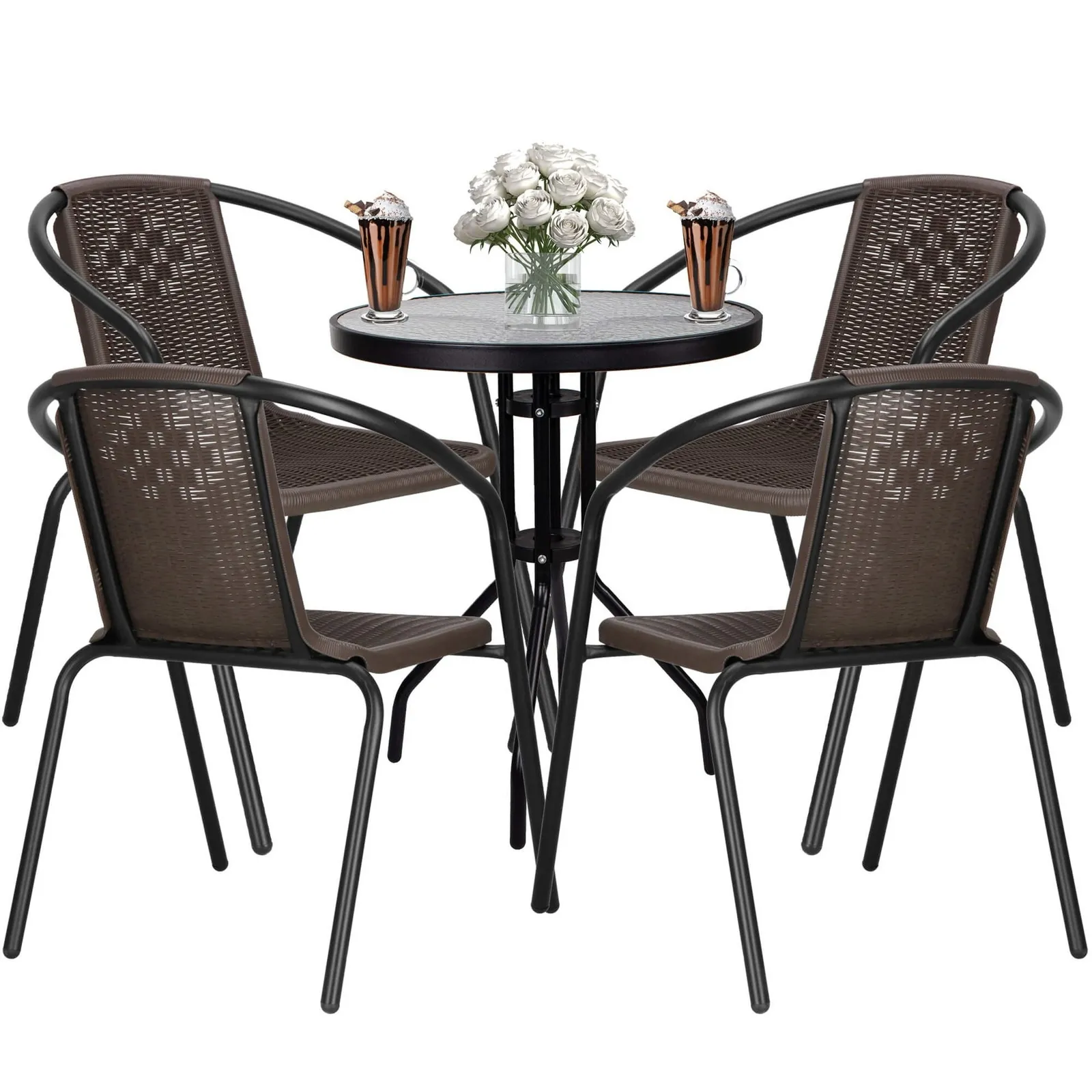 Zestaw mebli ogrodowych stół okrągły i 4 krzesła metalowe komplet ogrodowy czarno-brązowy